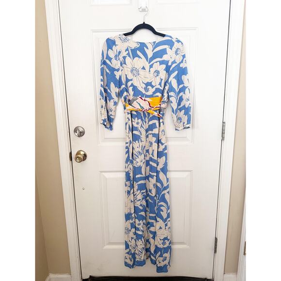 Maeve Anthropologie Dress Womens 2 Blue White Floral Maxi Wrap Belted V Neck - Picture 6 of 9